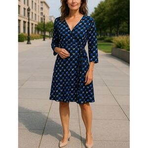 New York & Co Stretch Wrap Dress Women's Med‎ Geometric V-Neck Career 3/4 Sleeve